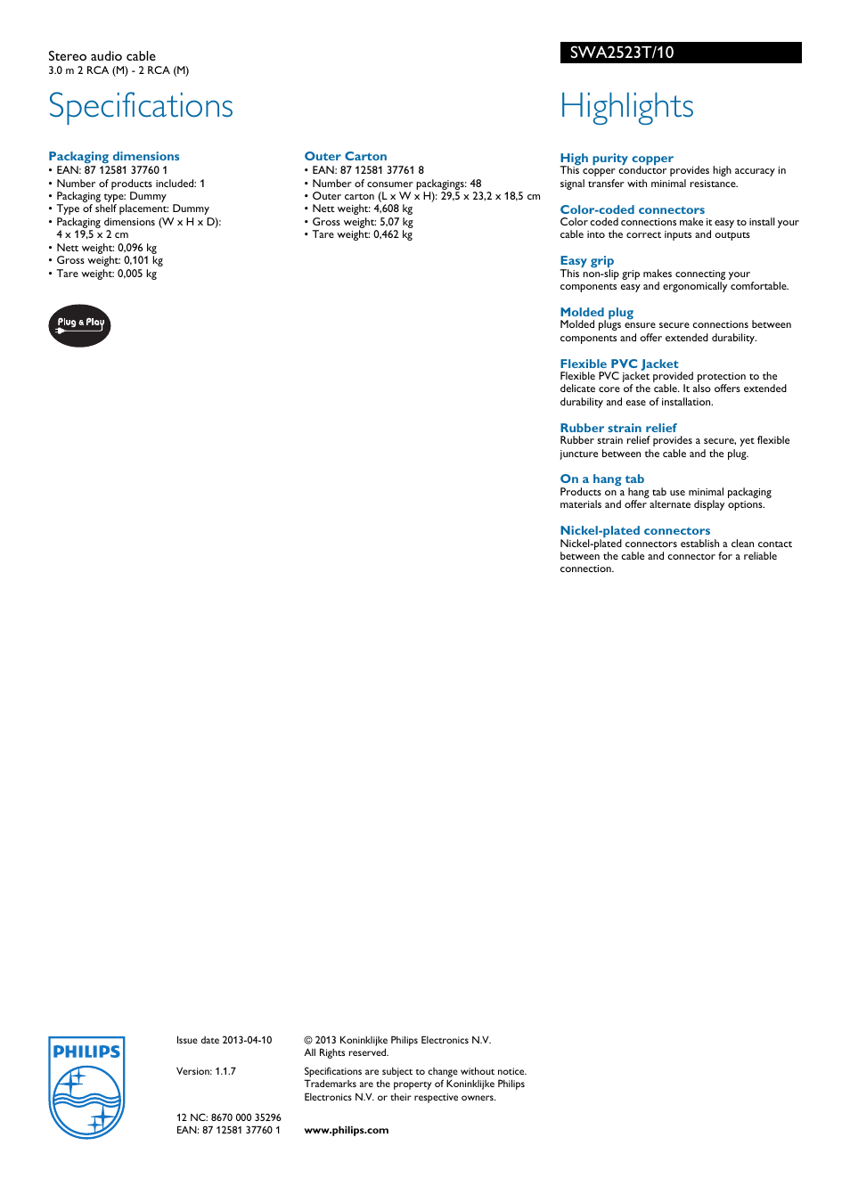 Specifications, Highlights | Philips SWA2523T/10 User Manual | Page 2 / 2