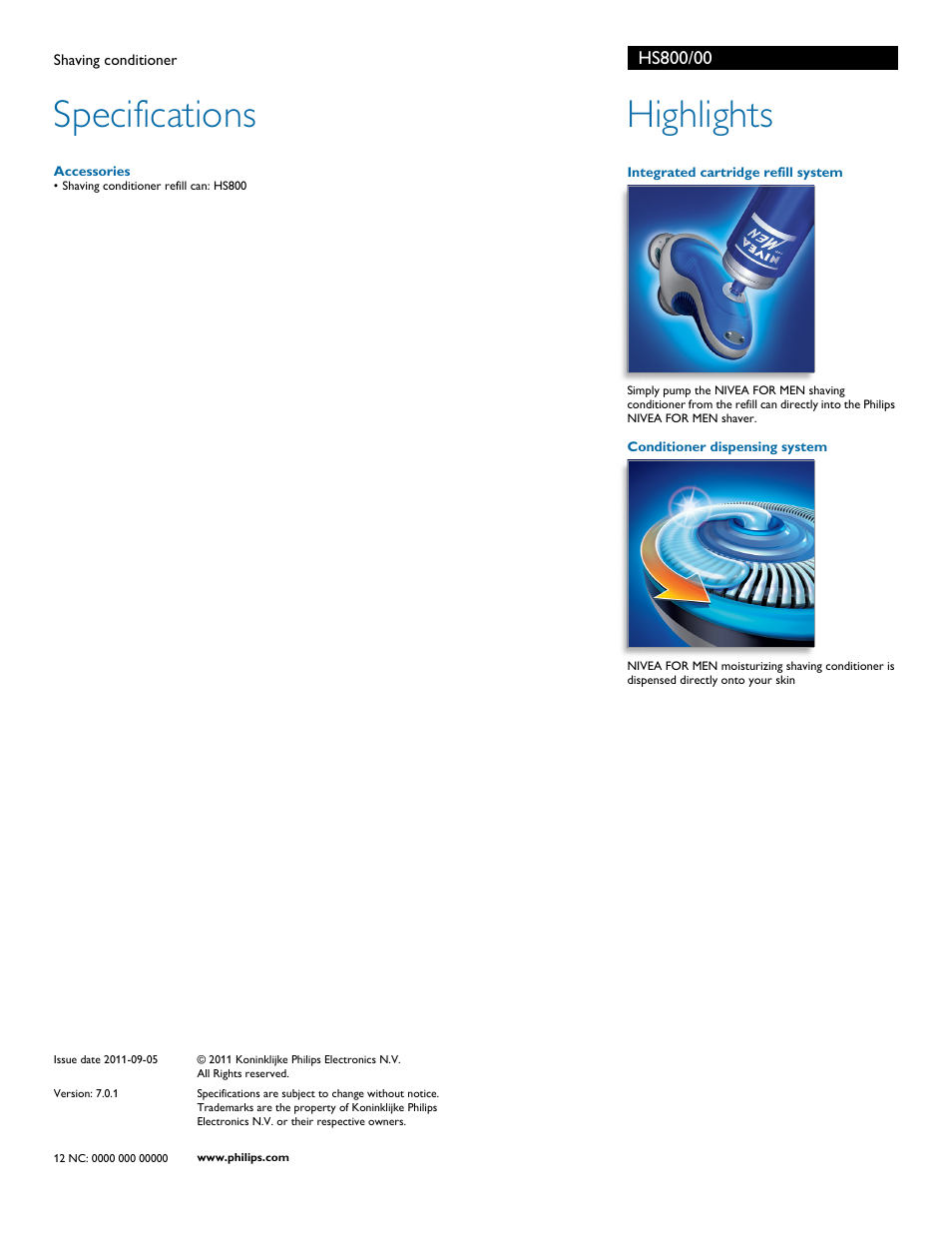 Specifications, Highlights | Philips HS800 User Manual | Page 2 / 2