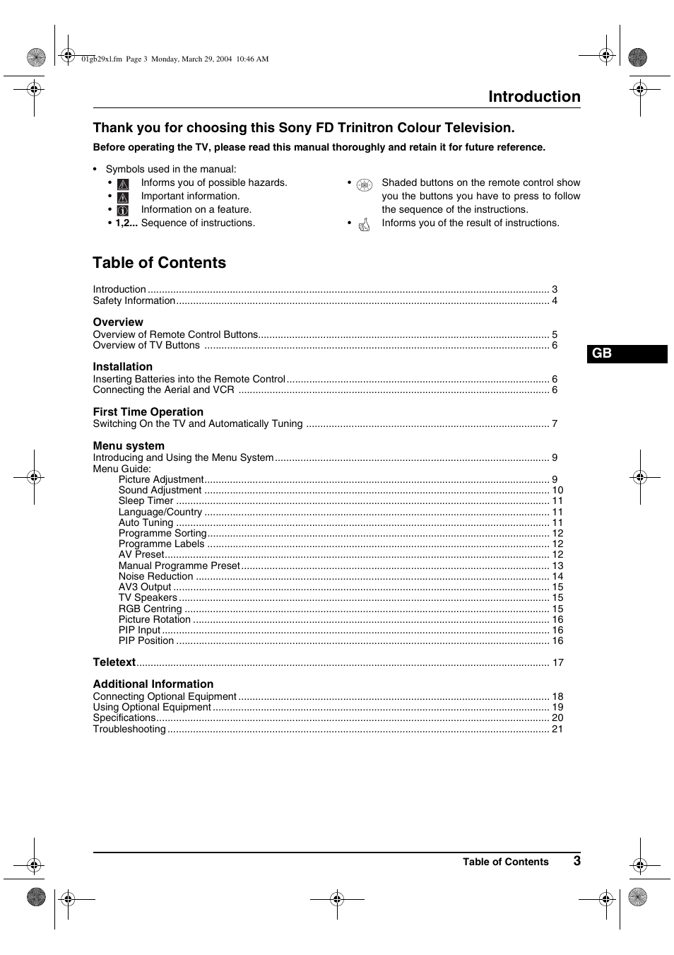 Sony KV-29XL70K User Manual | Page 3 / 124