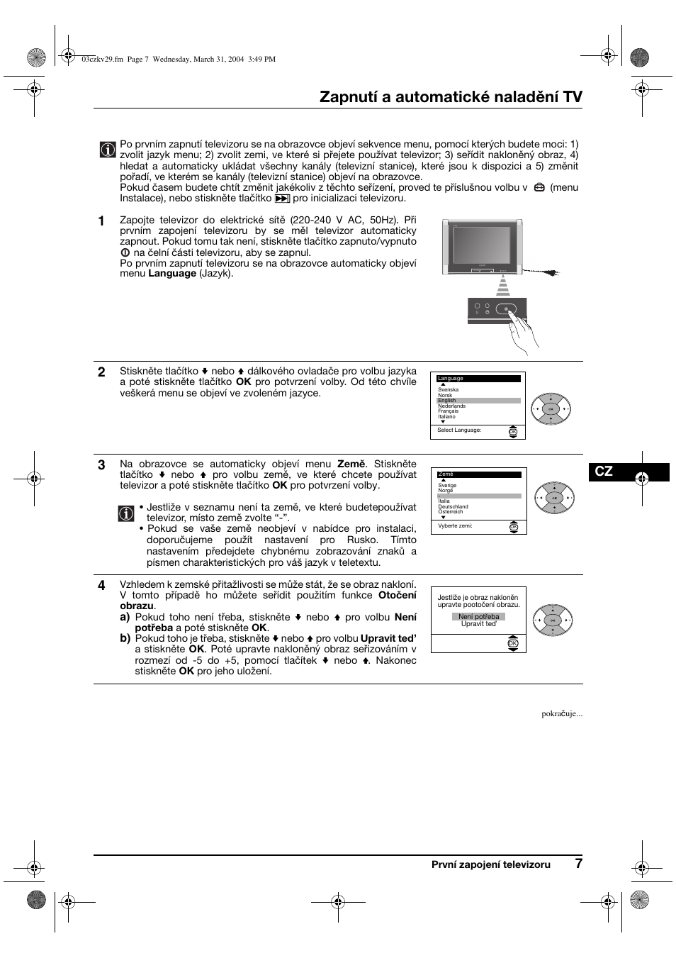 Zapnutí a automatické naladění tv | Sony KV-29XL70K User Manual | Page 47 / 124