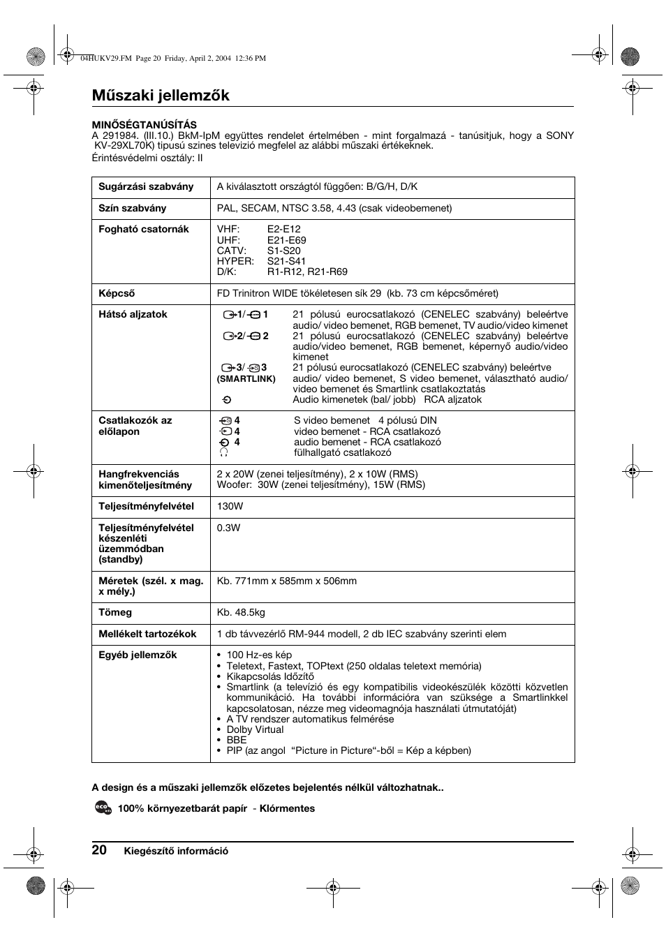 Műszaki jellemzők | Sony KV-29XL70K User Manual | Page 80 / 124