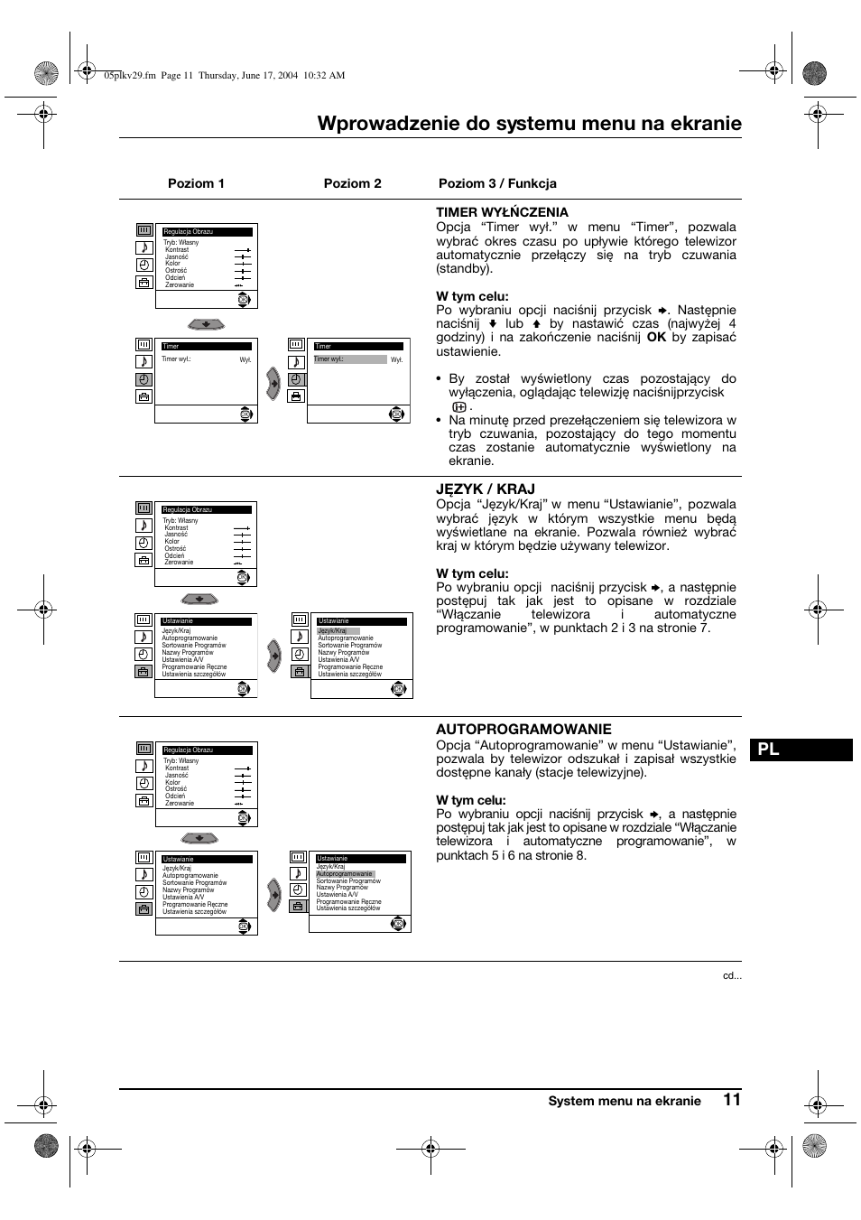 Wprowadzenie do systemu menu na ekranie, Język / kraj, Autoprogramowanie | Sony KV-29XL70K User Manual | Page 91 / 124