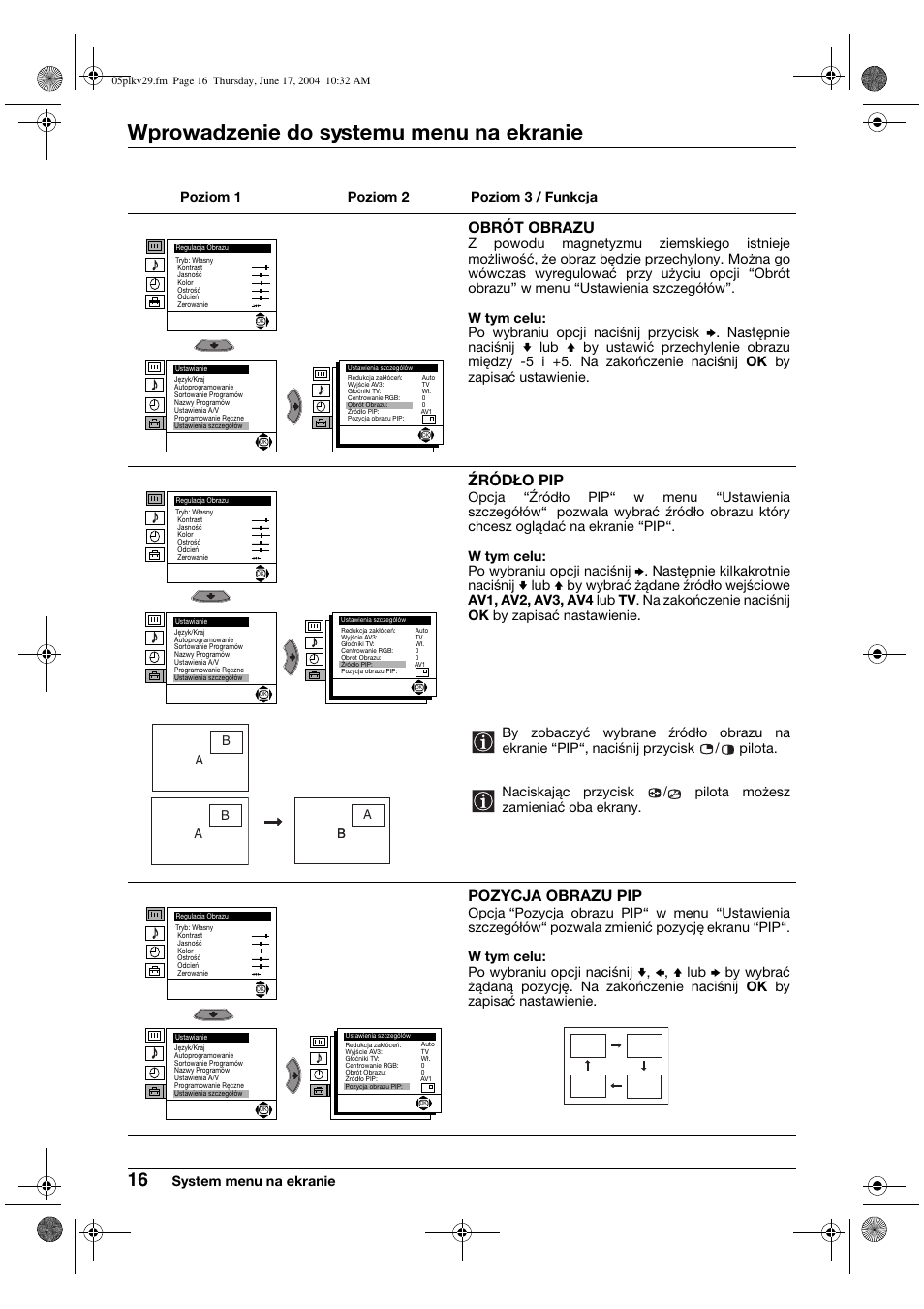 Wprowadzenie do systemu menu na ekranie, Obrót obrazu, Źródło pip | Pozycja obrazu pip | Sony KV-29XL70K User Manual | Page 96 / 124