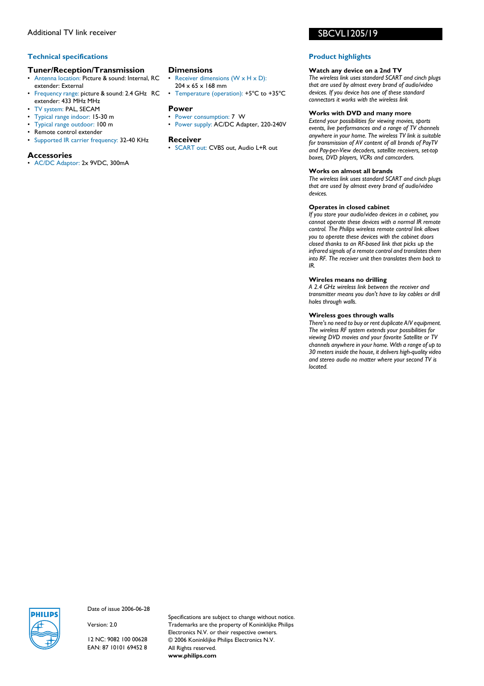 For preview purpose only | Philips SBCVL1205/19 User Manual | Page 2 / 2