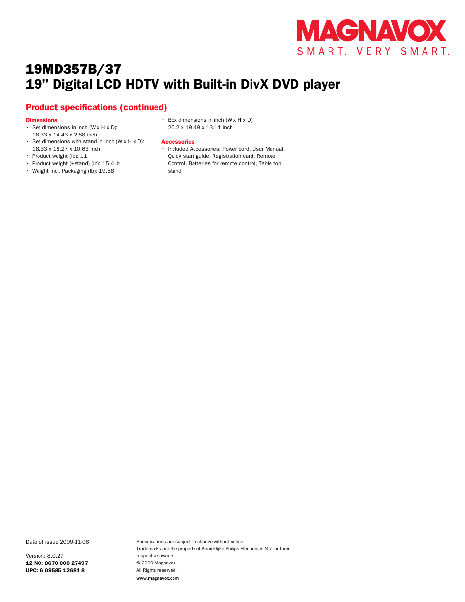 Product specifications (continued) | Philips Magnavox 19MD357B User Manual | Page 3 / 3