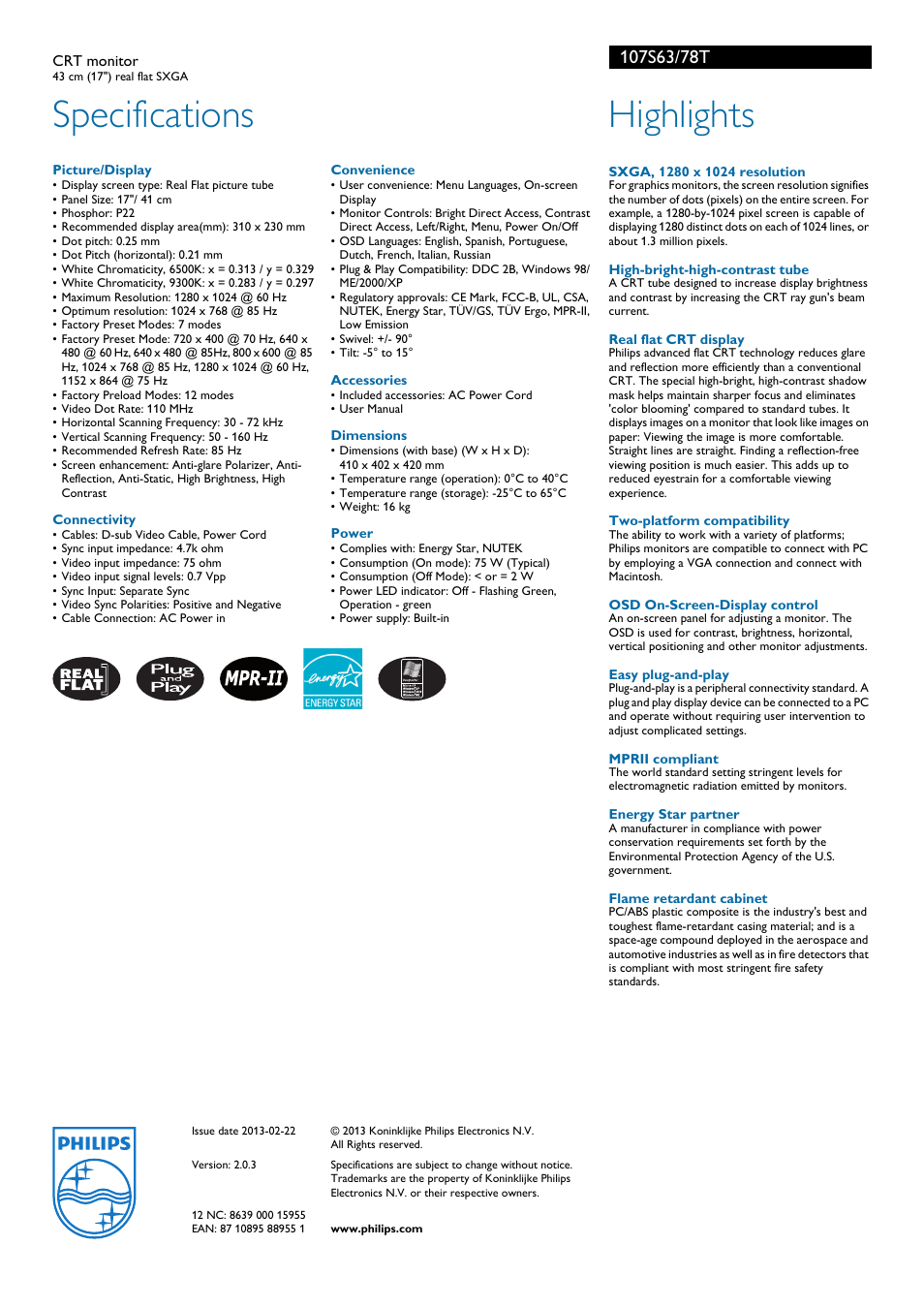 Specifications, Highlights | Philips 107S63/78T User Manual | Page 2 / 2