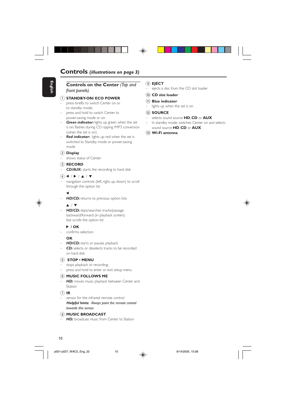 Controls | Philips WAC5 User Manual | Page 10 / 37