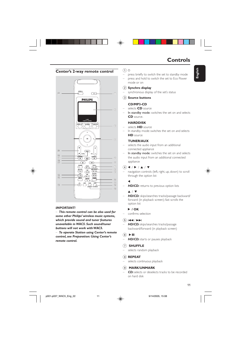 Controls, Center’s 2-way remote control | Philips WAC5 User Manual | Page 11 / 37