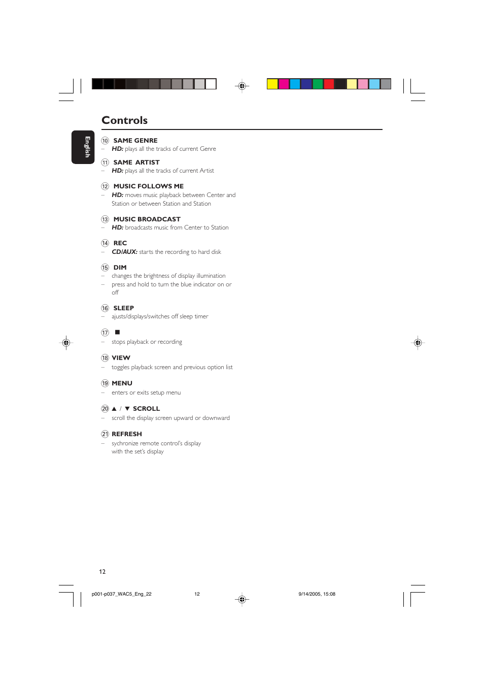 Controls | Philips WAC5 User Manual | Page 12 / 37