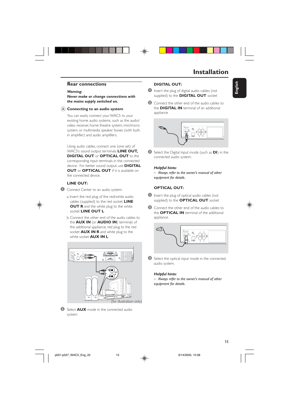 Installation, Rear connections | Philips WAC5 User Manual | Page 15 / 37