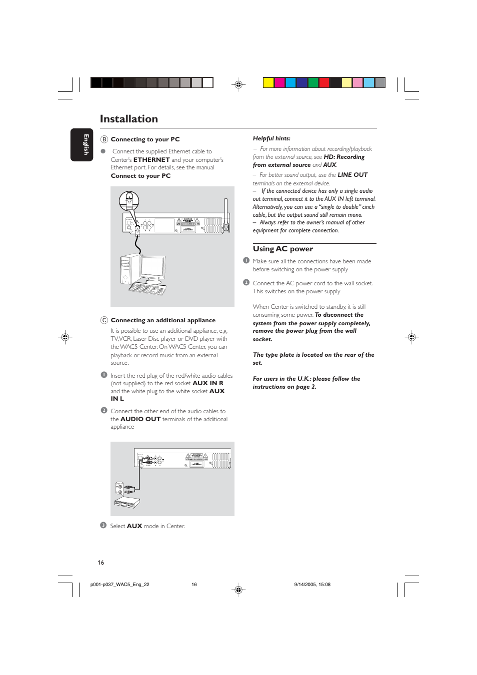 Installation, Using ac power 1 | Philips WAC5 User Manual | Page 16 / 37