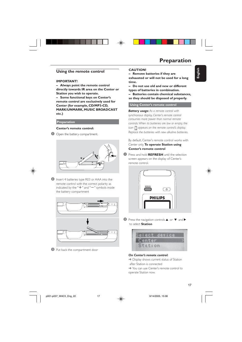 Preparation, Using the remote control | Philips WAC5 User Manual | Page 17 / 37