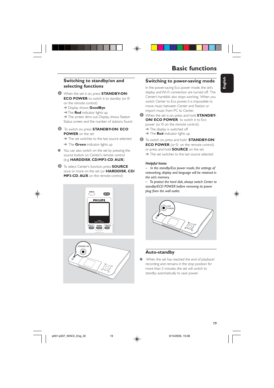 Basic functions, Switching to standby/on and selecting functions 1, Switching to power-saving mode | Auto-standby | Philips WAC5 User Manual | Page 19 / 37