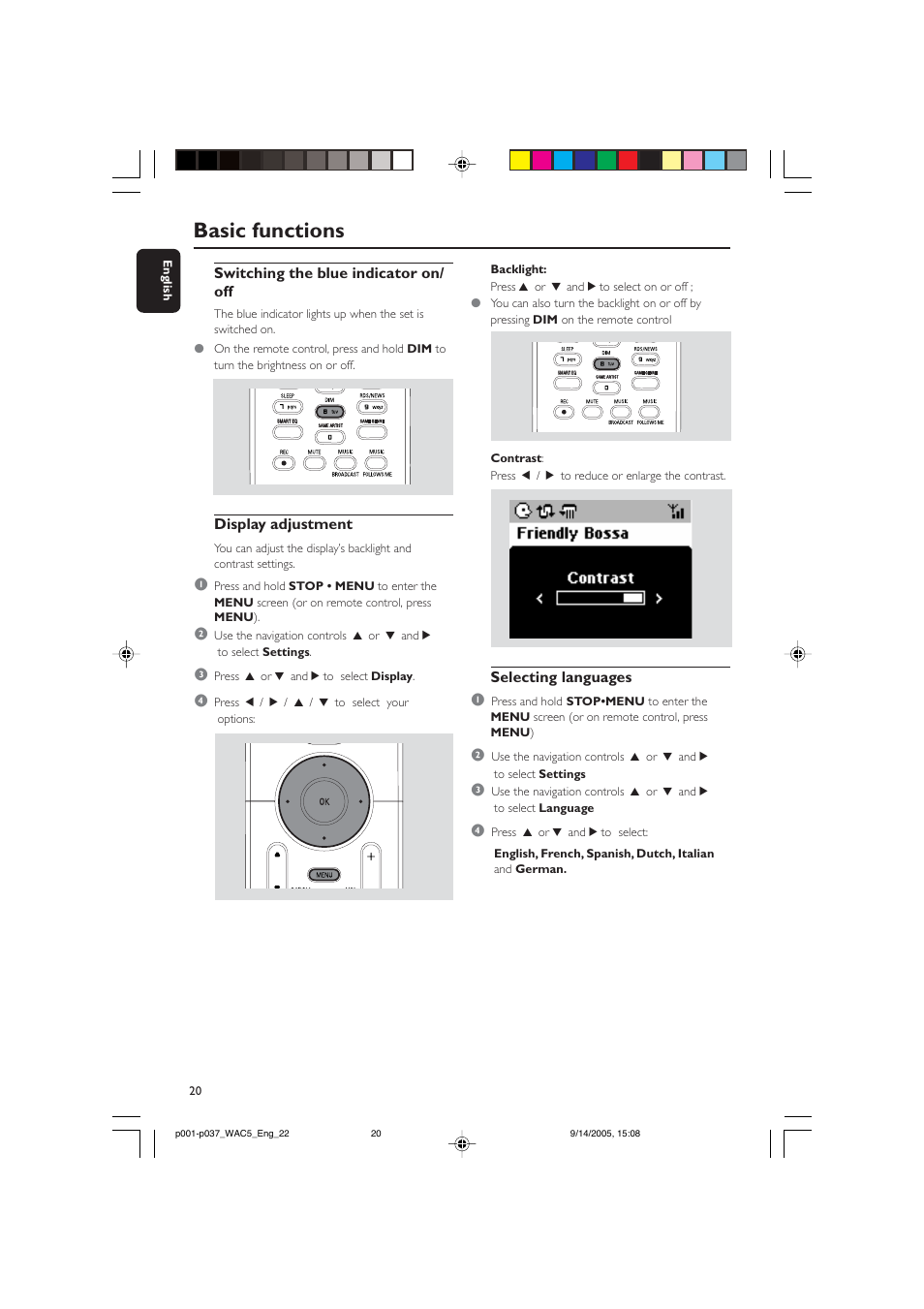 Basic functions, Switching the blue indicator on/ off, Display adjustment | Selecting languages 1 | Philips WAC5 User Manual | Page 20 / 37
