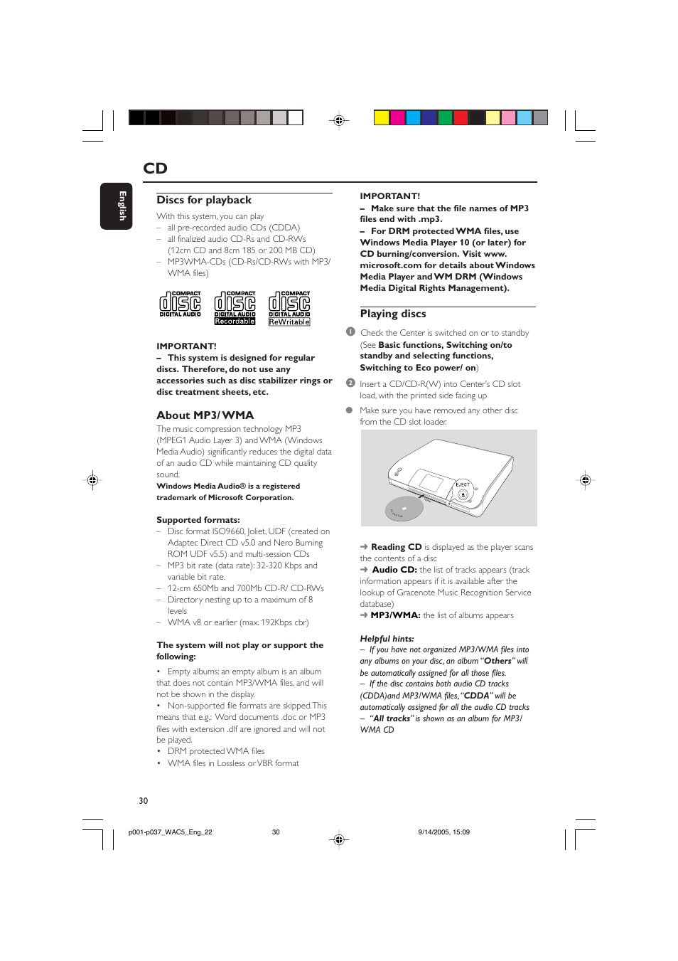Discs for playback, About mp3/ wma, Playing discs 1 | Philips WAC5 User Manual | Page 30 / 37