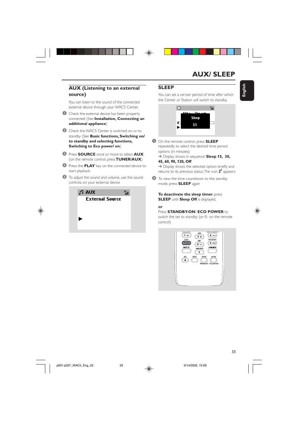 Aux/ sleep, Aux (listening to an external source), Sleep | Philips WAC5 User Manual | Page 33 / 37