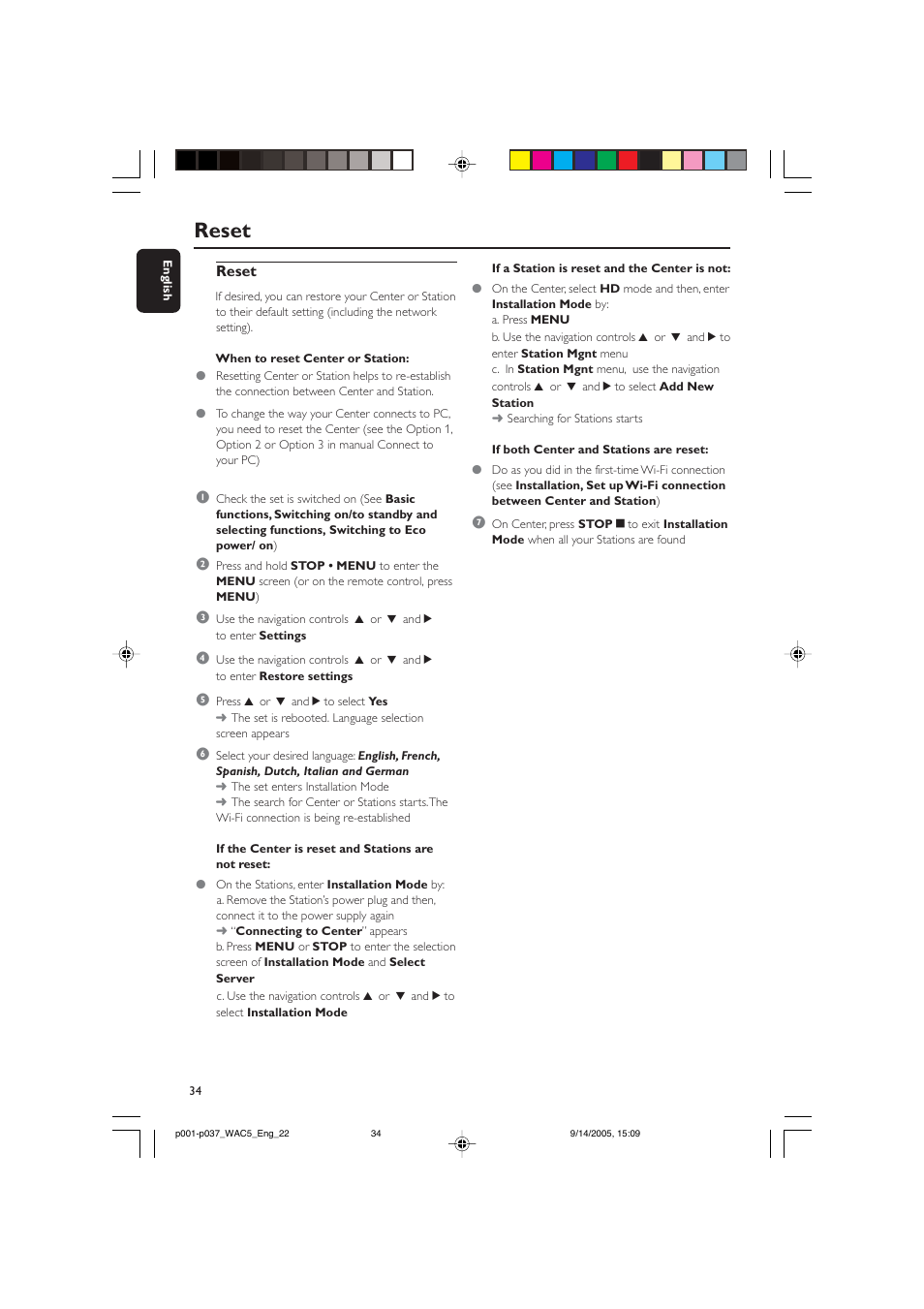 Reset | Philips WAC5 User Manual | Page 34 / 37