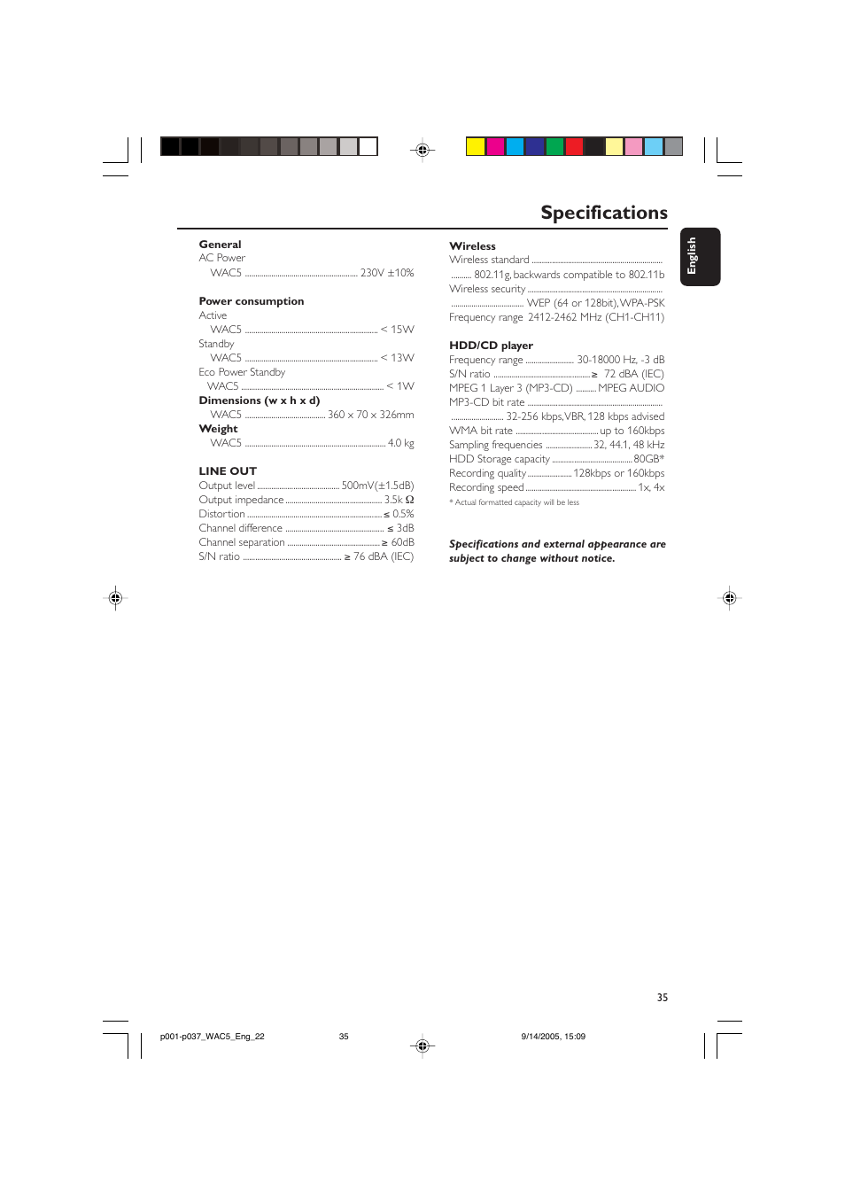 Specifications | Philips WAC5 User Manual | Page 35 / 37