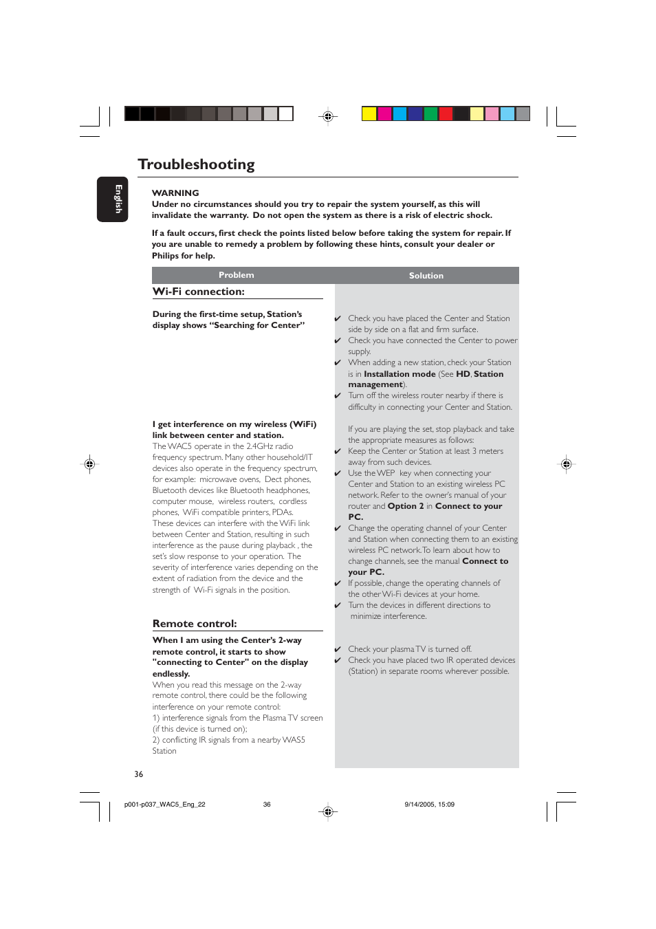 Troubleshooting, Wi-fi connection, Remote control | Philips WAC5 User Manual | Page 36 / 37