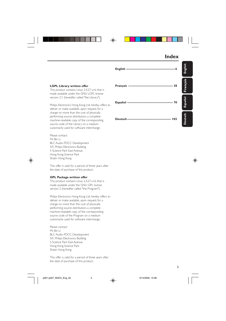 Index | Philips WAC5 User Manual | Page 5 / 37