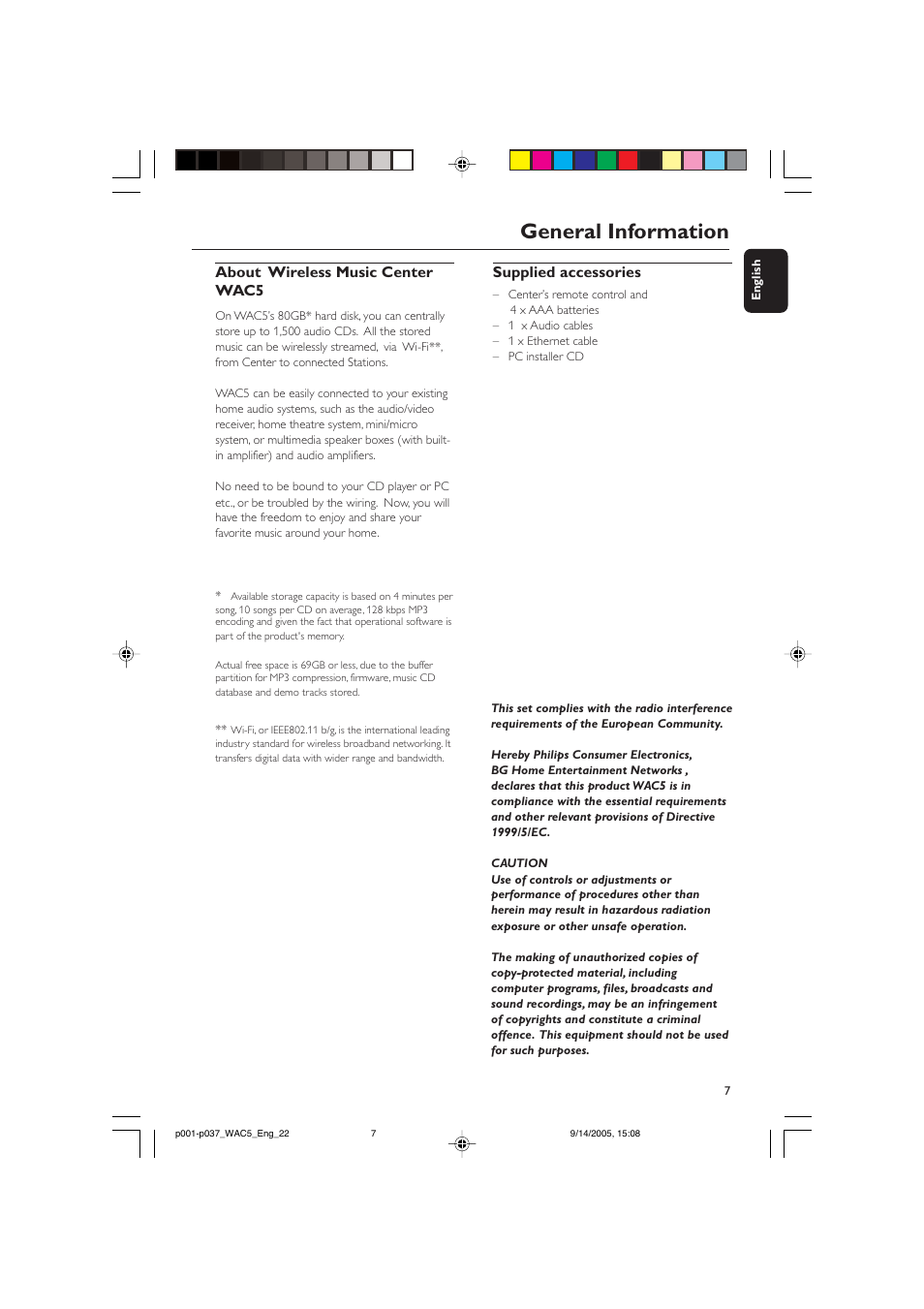 General information, Supplied accessories, About wireless music center wac5 | Philips WAC5 User Manual | Page 7 / 37