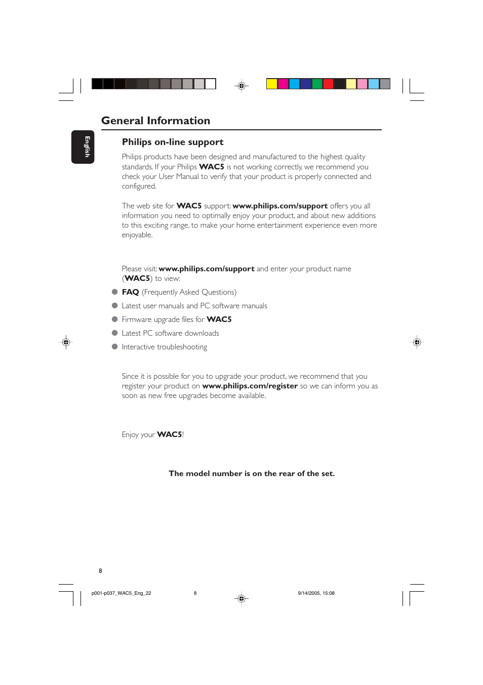 General information, Philips on-line support | Philips WAC5 User Manual | Page 8 / 37