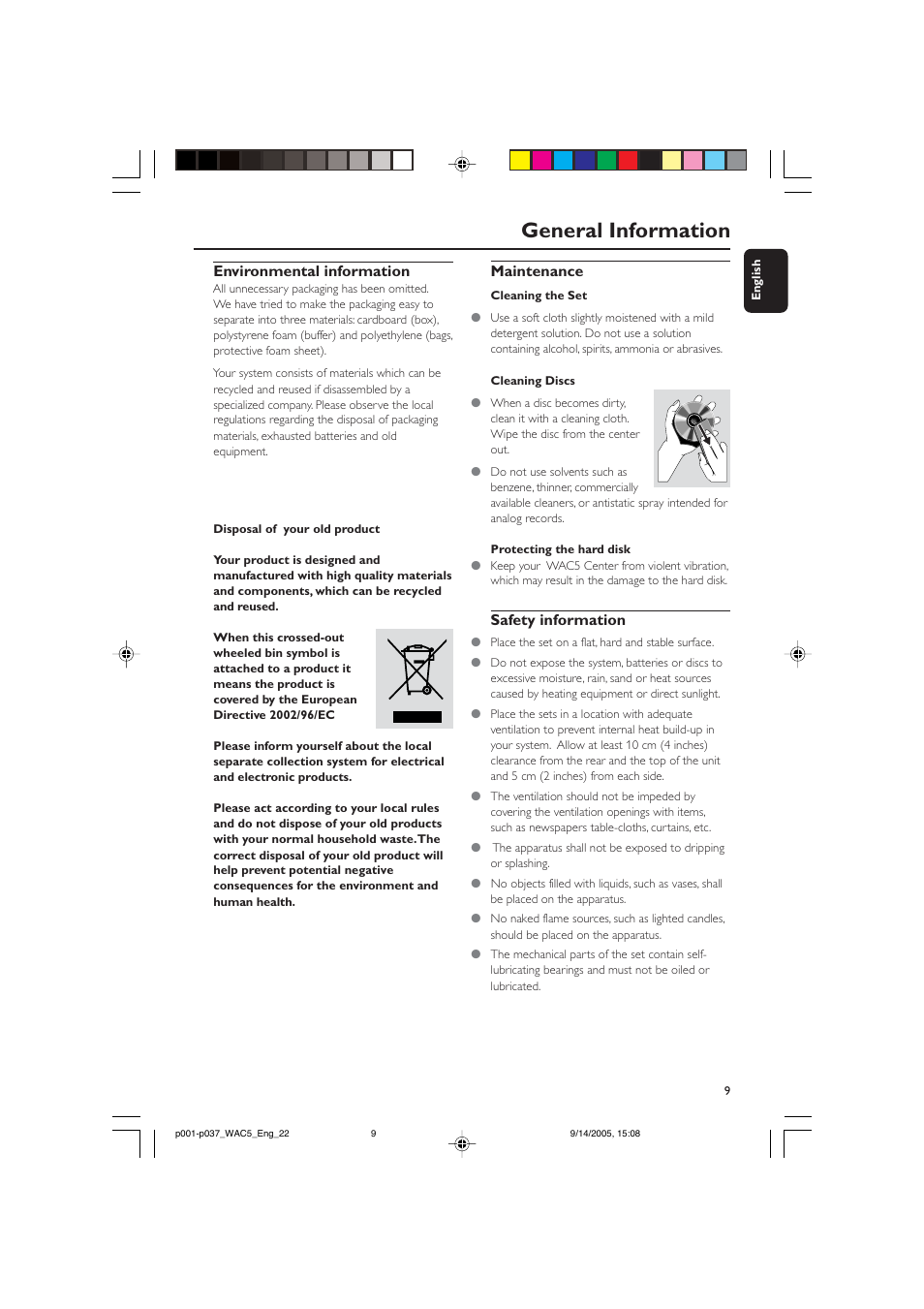 General information, Environmental information, Maintenance | Safety information | Philips WAC5 User Manual | Page 9 / 37