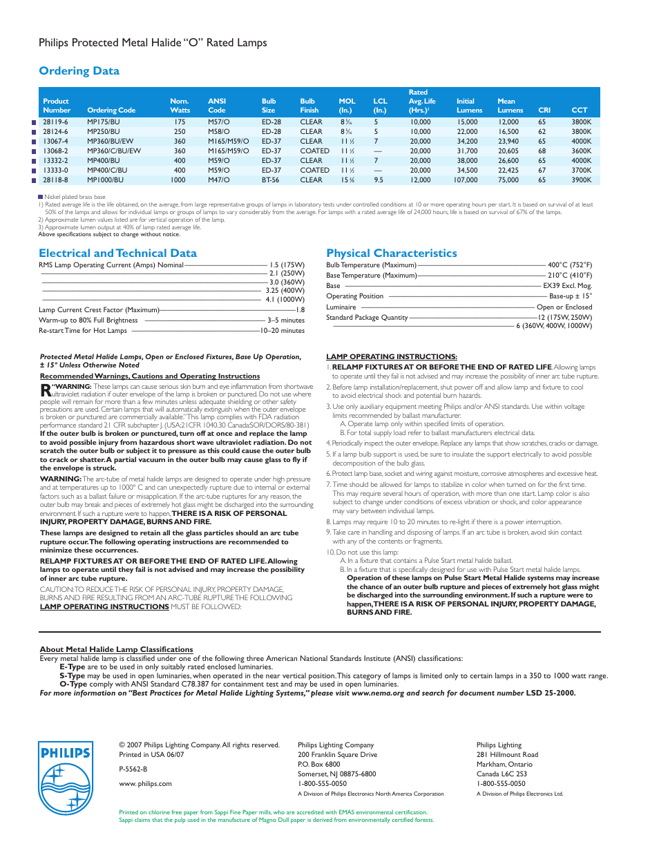 Electrical and technical data, Physical characteristics | Philips P-5562-B User Manual | Page 2 / 2