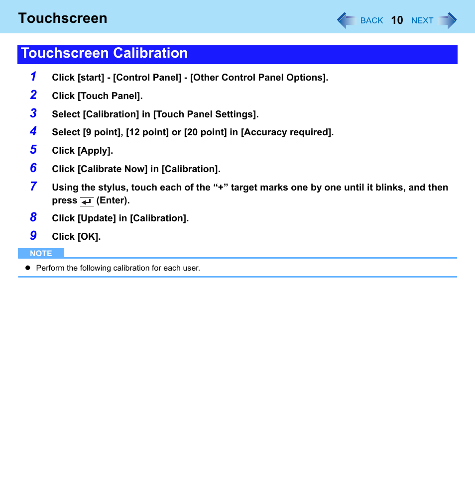 Touchscreen, Touchscreen calibration | Philips CF-U1 User Manual | Page 10 / 85