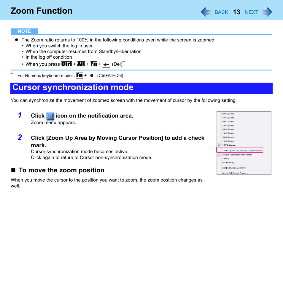 Zoom function, Cursor synchronization mode | Philips CF-U1 User Manual | Page 13 / 85