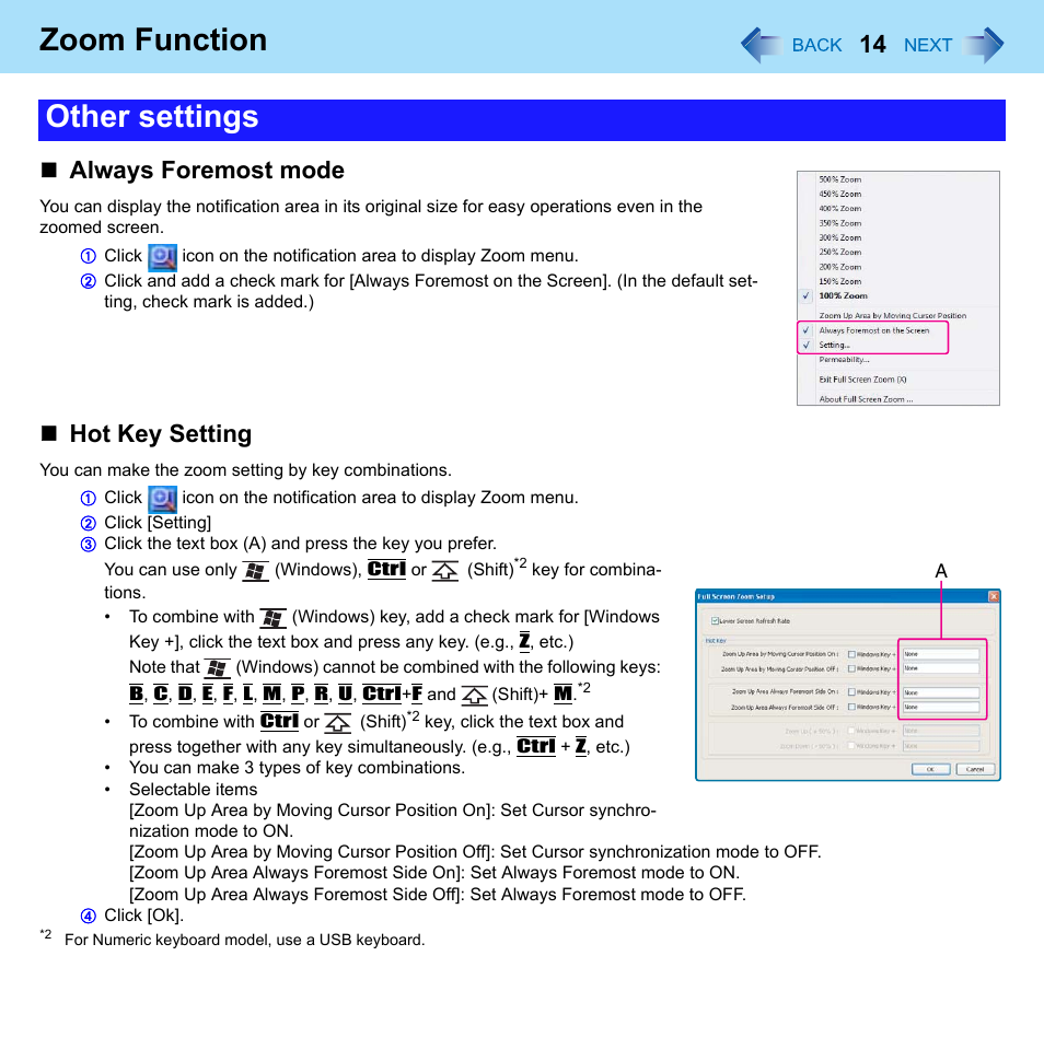 Zoom function, Other settings, Always foremost mode | Hot key setting | Philips CF-U1 User Manual | Page 14 / 85