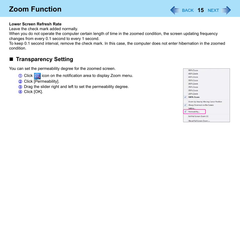 Zoom function, Transparency setting | Philips CF-U1 User Manual | Page 15 / 85