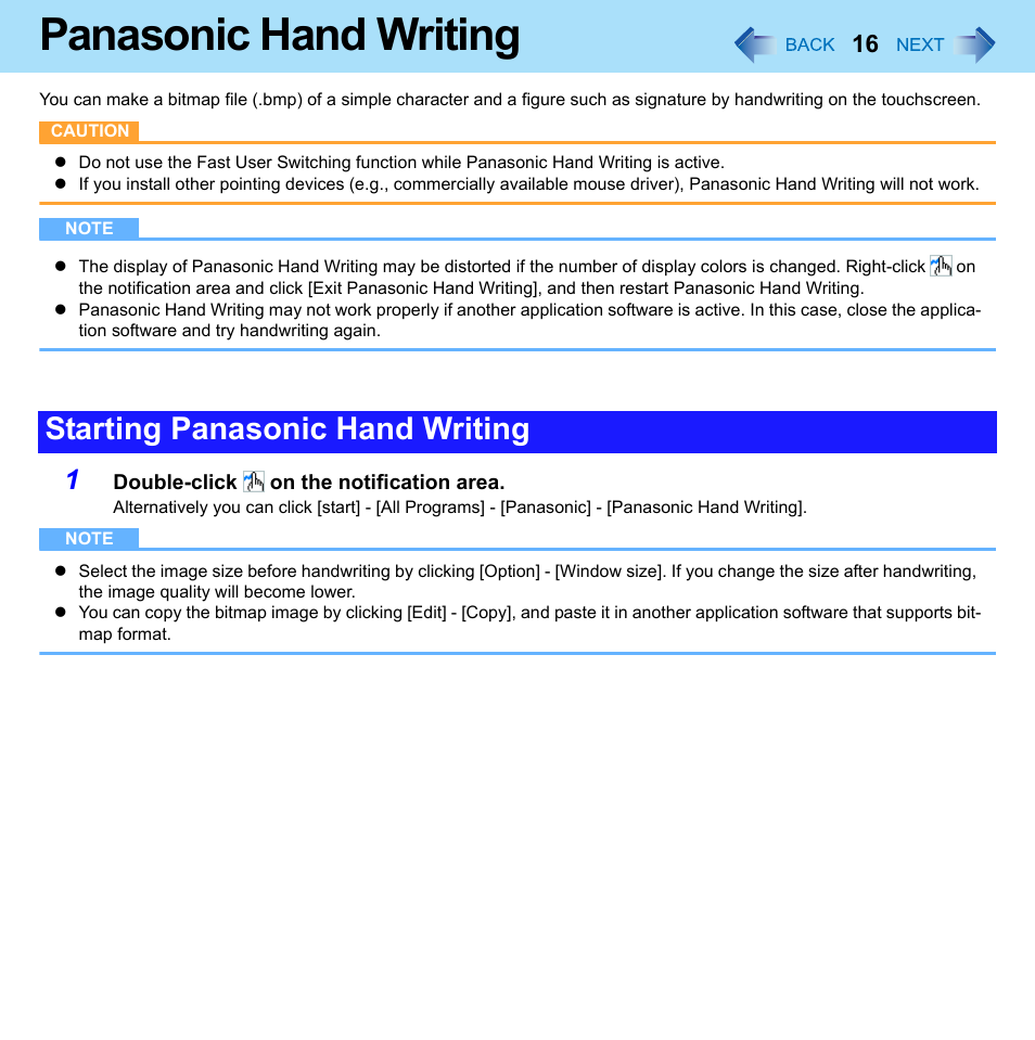 Panasonic hand writing, Starting panasonic hand writing | Philips CF-U1 User Manual | Page 16 / 85