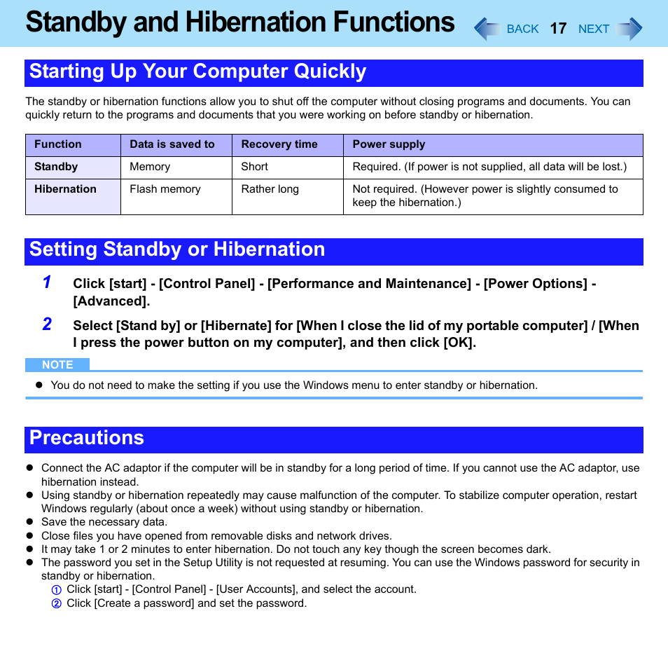 Standby and hibernation functions, Starting up your computer quickly, Setting standby or hibernation precautions | Philips CF-U1 User Manual | Page 17 / 85