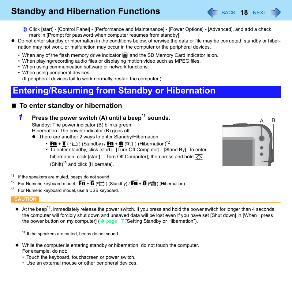 Standby and hibernation functions, Entering/resuming from standby or hibernation, Press the power switch (a) until a beep | Sounds | Philips CF-U1 User Manual | Page 18 / 85