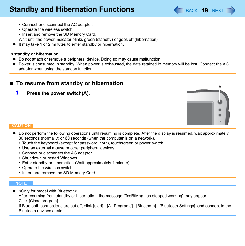 Standby and hibernation functions | Philips CF-U1 User Manual | Page 19 / 85