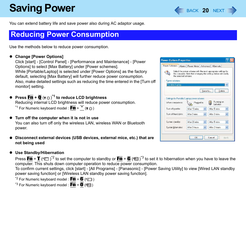 Saving power, Reducing power consumption | Philips CF-U1 User Manual | Page 20 / 85
