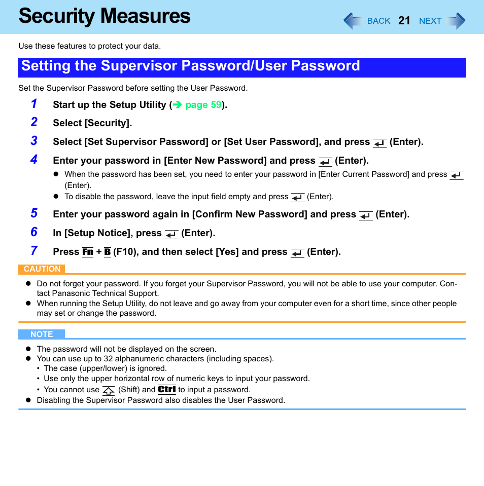 Security measures, Setting the supervisor password/user password | Philips CF-U1 User Manual | Page 21 / 85