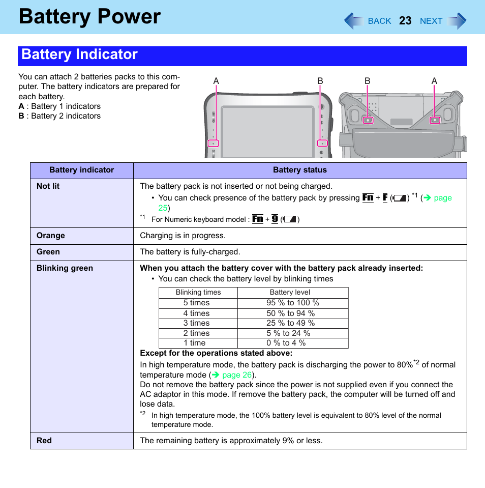 Battery power, Battery indicator | Philips CF-U1 User Manual | Page 23 / 85