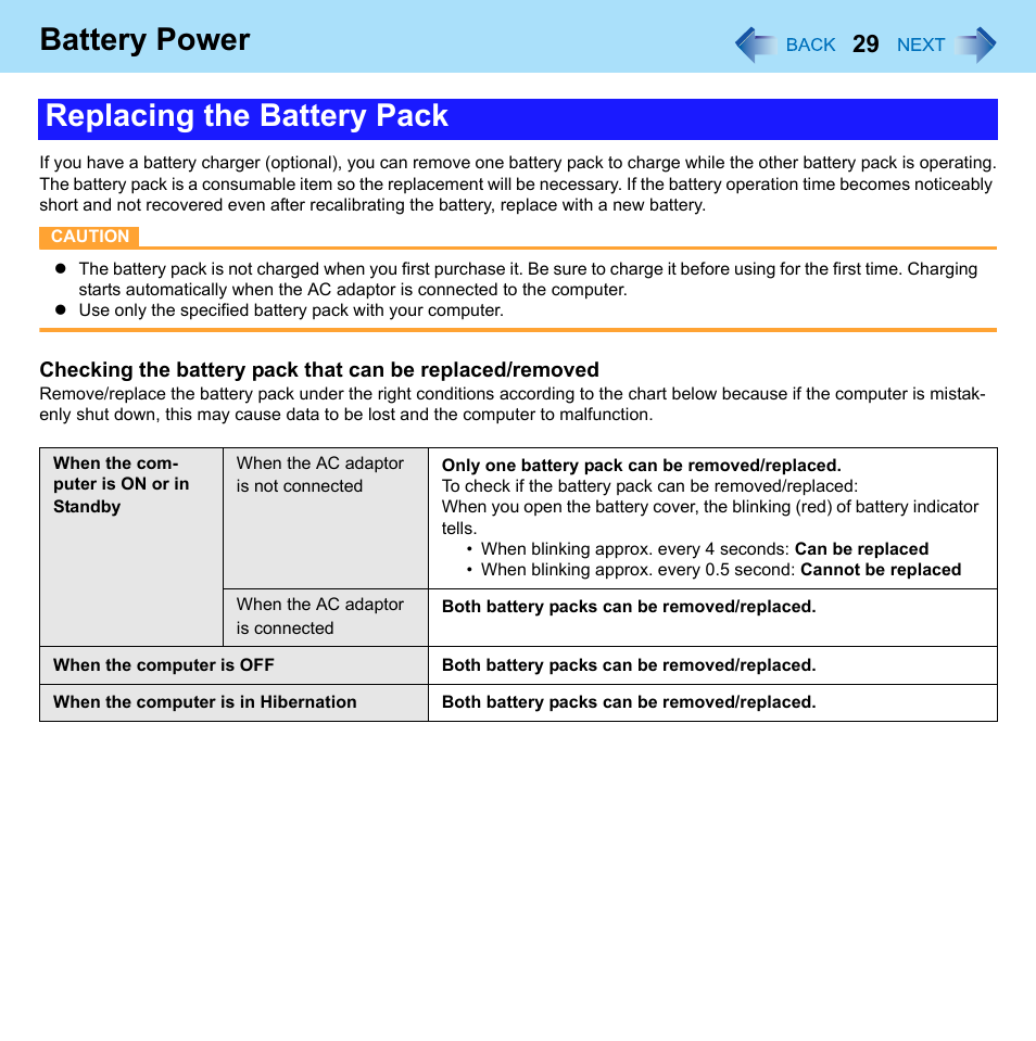 Battery power, Replacing the battery pack | Philips CF-U1 User Manual | Page 29 / 85