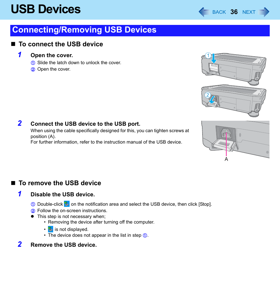 Usb devices, Connecting/removing usb devices | Philips CF-U1 User Manual | Page 36 / 85