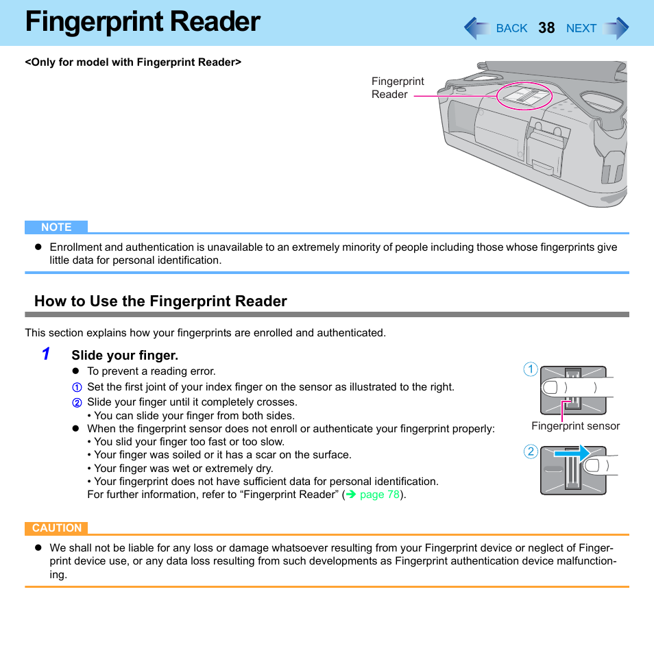Fingerprint reader, How to use the fingerprint reader | Philips CF-U1 User Manual | Page 38 / 85