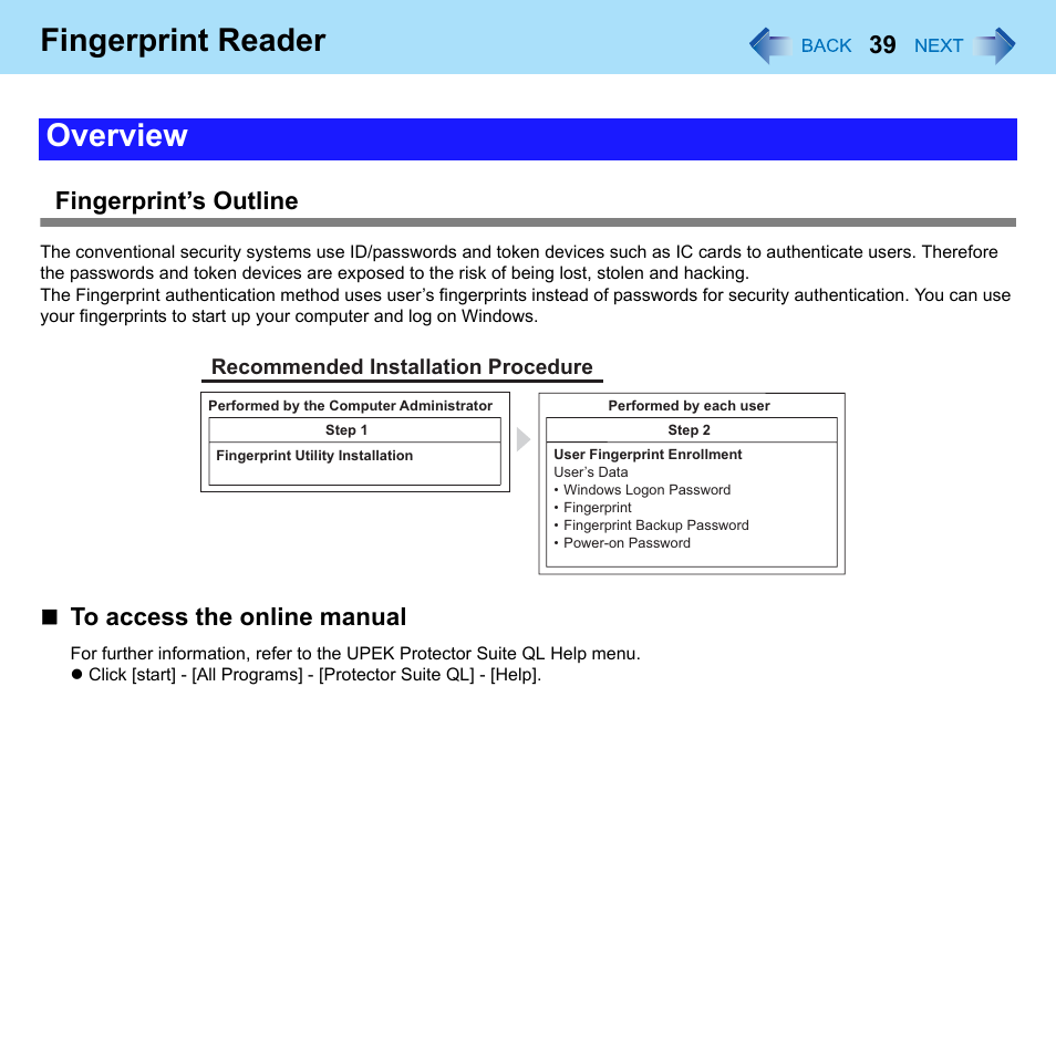 Fingerprint reader, Overview, Fingerprint’s outline | Philips CF-U1 User Manual | Page 39 / 85