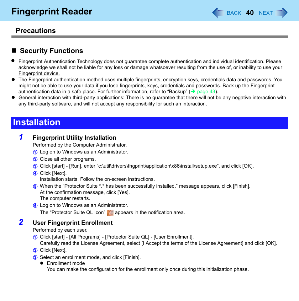 Fingerprint reader, Installation, Precautions  security functions | Philips CF-U1 User Manual | Page 40 / 85