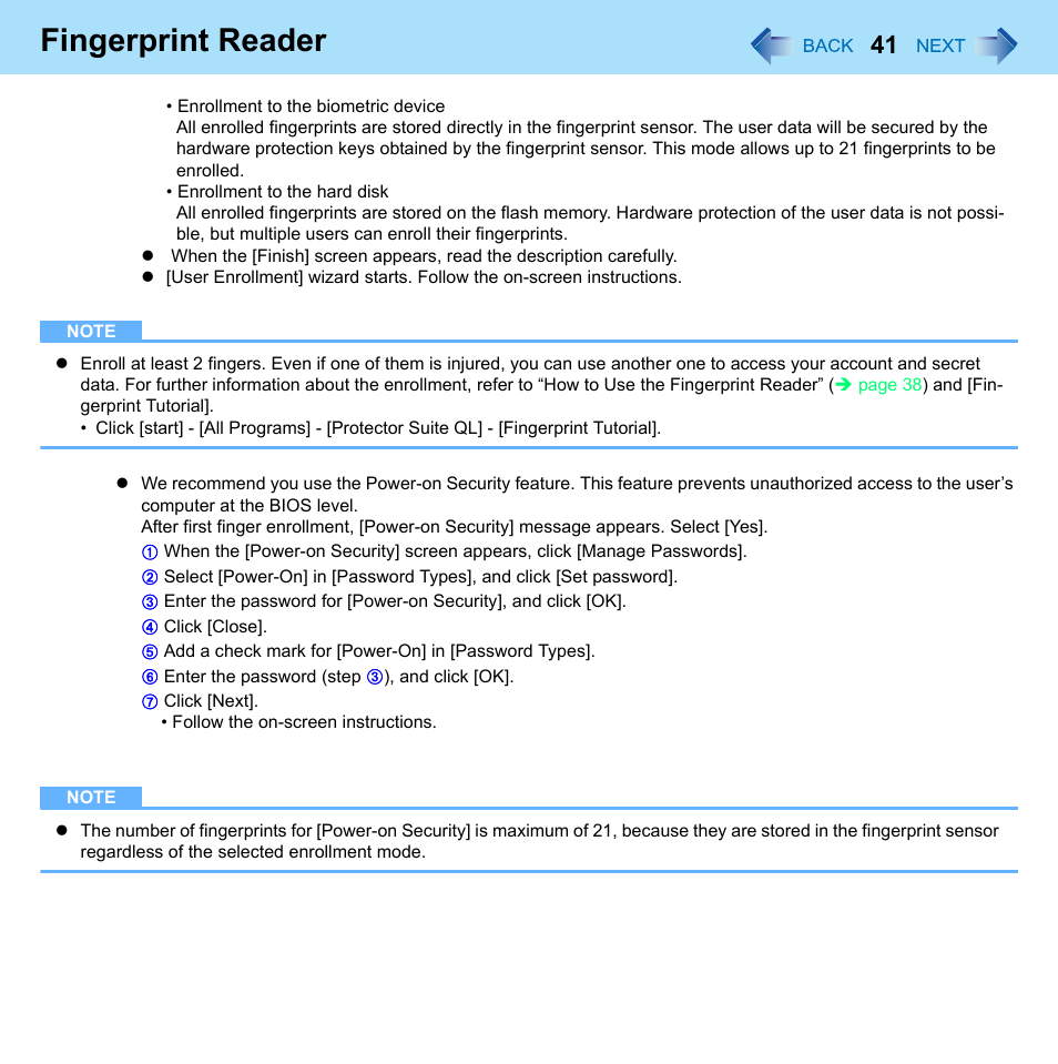 Fingerprint reader | Philips CF-U1 User Manual | Page 41 / 85