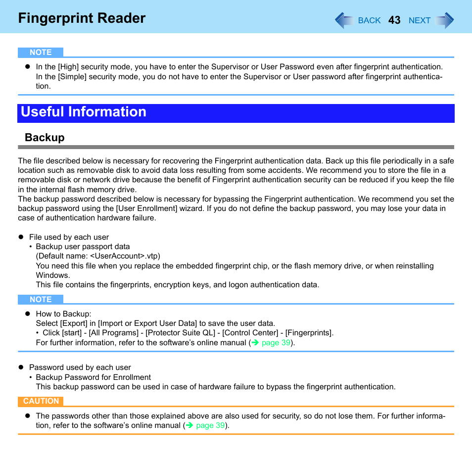 Fingerprint reader, Useful information, Backup | Philips CF-U1 User Manual | Page 43 / 85