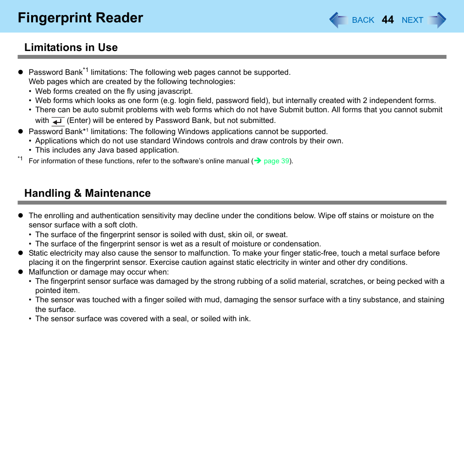Fingerprint reader, Limitations in use, Handling & maintenance | Philips CF-U1 User Manual | Page 44 / 85
