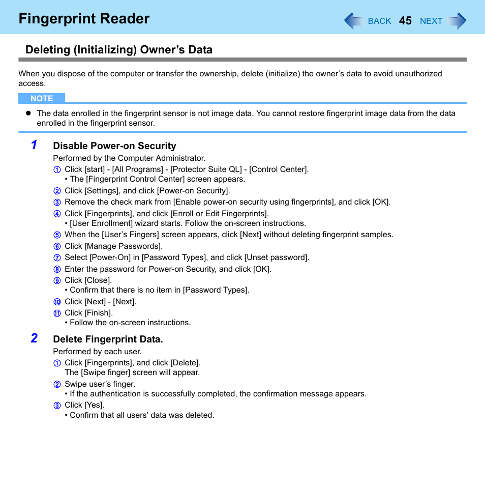 Fingerprint reader, Deleting (initializing) owner’s data | Philips CF-U1 User Manual | Page 45 / 85