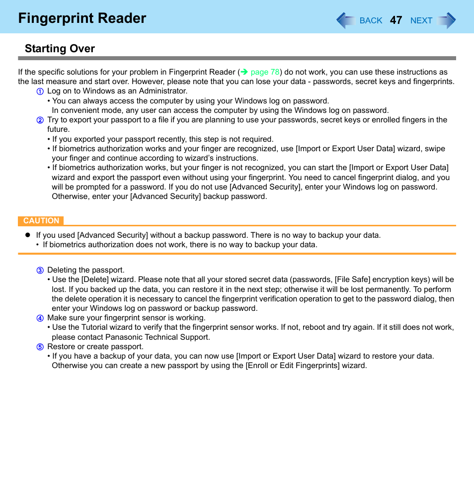 Fingerprint reader, Starting over | Philips CF-U1 User Manual | Page 47 / 85