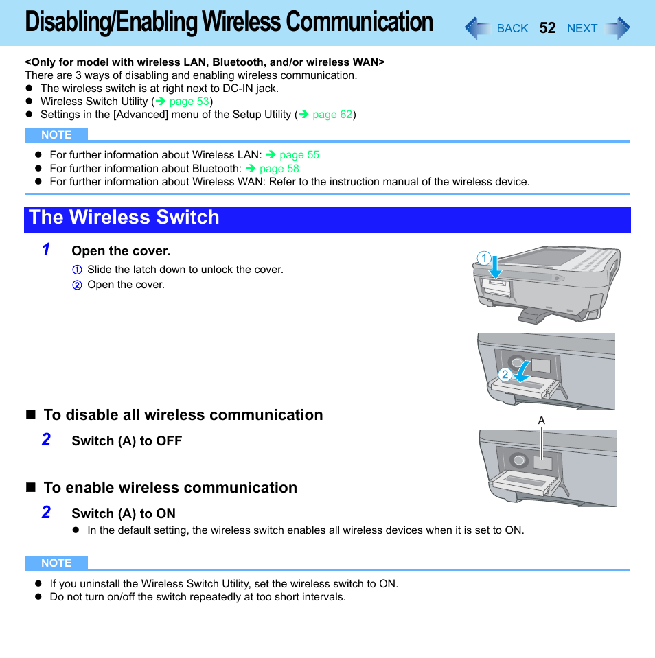 Disabling/enabling wireless communication, The wireless switch | Philips CF-U1 User Manual | Page 52 / 85